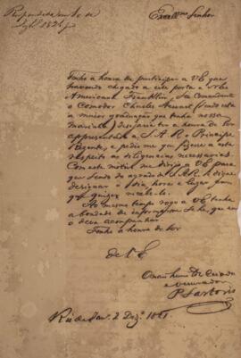 Nota diplomática original datada do dia 2 de dezembro de 1821, de P. Sartoris, endereçada a Franc...