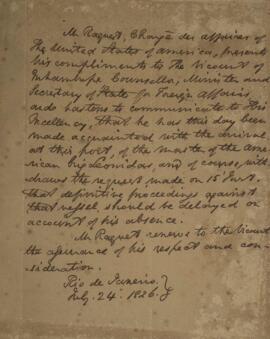 Nota diplomática original, datada do dia 24 de julho de 1826, informando a Antônio Luiz Pereira d...