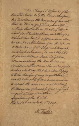 Nota diplomática original, datada do dia 1 de julho de 1829, de William Tudor (1779-1830), inform...