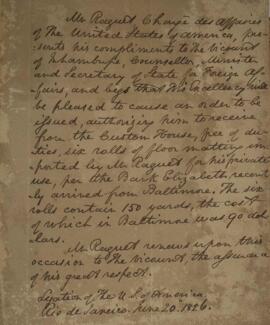 Nota diplomática original, datada do dia 20 de junho de 1826, solicitando a Antônio Luiz Pereira ...