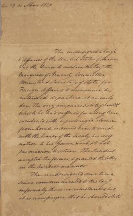 Nota diplomática original, datada do dia 18 de maio de 1829, de William Tudor (1779-1830), comuni...