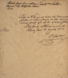 Nota diplomática original datada do dia 28 de agosto de 1822, de P. Sartoris, enviando os documentos da fiança da entrada do navio americano Eliza Rilley, do capitão William.