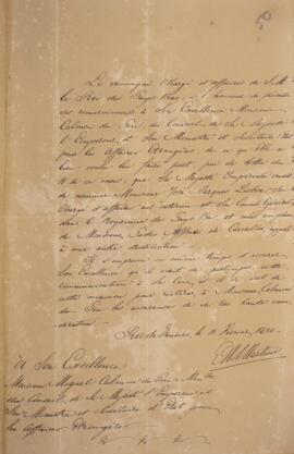 Nota diplomática original, datada de 13 de fevereiro de 1830, enviada por E. M. A. Martini, encar...