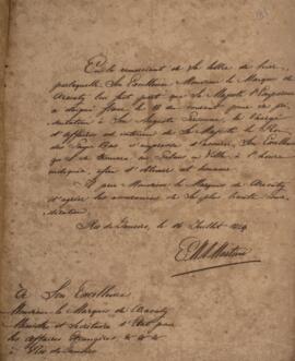 Nota diplomática original, datada de 16 de julho de 1829, enviada por E. M. A. Martini, encarrega...