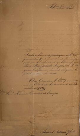 Oficio enviado por Manoel Antônio Galvão (s.d.), para Francisco Carneiro de Campos (1765-1842), c...