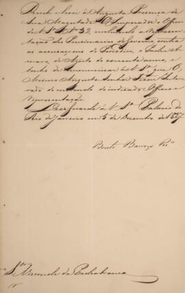 Despacho datado de 5 de dezembro de 1827 em que Bento Barroso Pereira comunica a Domingos Borges ...