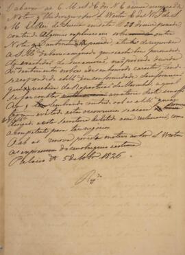 Minuta de nota, datada de 05 de novembro de 1826, enderaçada para Lourenço Westin (1787-1846), En...