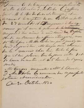 Minuta de nota, datada de 30 de outubro de 1830, escrita em nome de Francisco Carneiro de Campos ...