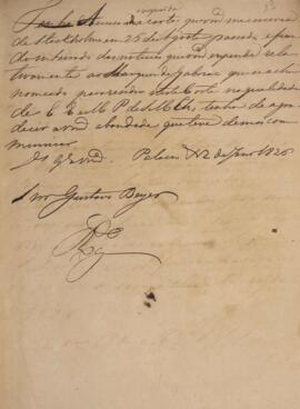 Minuta de nota, datada de 2 de janeiro de 1826, enderaçada para Gustavo Beyes. Informa o recebime...