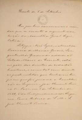 Cópia de decreto de 5 de setembro de 1829  assinado pelo Imperador D. Pedro I (1798-1834) e por J...