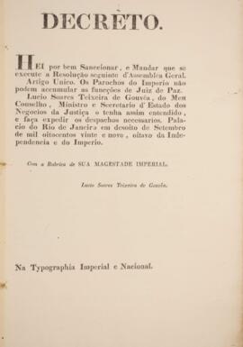 Cópia de decreto de 18 de setembro de 1829 assinado pelo Imperador D. Pedro I (1798-1834) e por L...