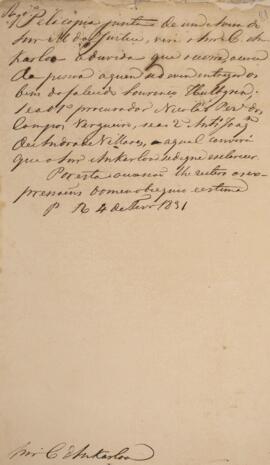 Minuta de nota, datada de 4 de fevereiro de 1831, escrita em nome de Francisco Carneiro de Campos...