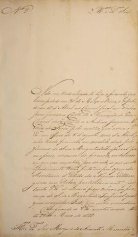 Ofício original enviado por Antônio da Silva Caldeira para João Carlos Augusto de Oyenhausen-Gravenburg (1776-1838), Marquês de Aracati, com data de 29 de maio de 1828, discorrendo sobre questões burocráticas relativas à nomeação de Antônio Joaquim Pereira de Faria como vice-cônsul do Império do Brasil na cidade de Lisboa.