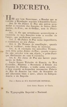 Cópia de decreto de 20 de setembro de 1829 assinado pelo Imperador D. Pedro I (1798-1834) e por L...