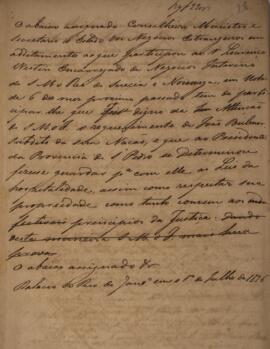 Minuta de nota, datada de 1 de julho de 1826, escrita em nome de Antônio Luiz Pereira da Cunha (1...