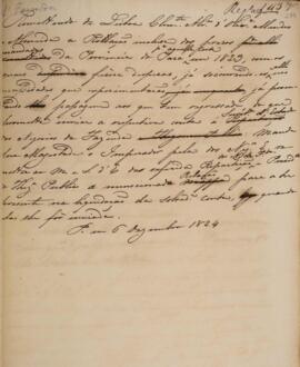 Minuta de aviso emitido pela Secretaria de Estado dos Negócios Estrangeiros para o ministro e secretário de Estado dos Negócios da Fazenda com data de 6 de dezembro de 1824, versando sobre o pagamento de  despesas com presos mandados da província do Pará para a corte de Lisboa no ano de 1823.