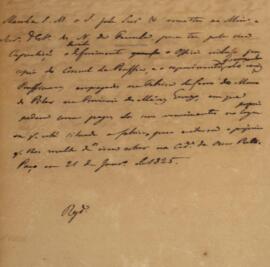 Minuta de aviso enviado pela Secretaria de Estado dos Negócios Estrangeiros para o ministro e secretário de Estado dos Negócios da Fazenda com data de 21 de janeiro de 1825, transmitindo determinação de D. Pedro I (1798-1834) para que deliberasse a respeito do ofício do cônsul de Prússia e o requerimento de vários prussianos empregados na fábrica de ferro do Morro de Pilar na província de Minas Gerais.
