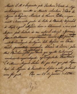 Minuta de aviso enviado pela Secretaria de Estado dos Negócios Estrangeiros para o ministro e secretário de Estado dos Negócios da Fazenda com data de 29 de janeiro de 1825, remetendo o requerimento do espanhol residente no Brasil, Victor de Barreda, para que sua embarcação fosse reconhecida como brasileira