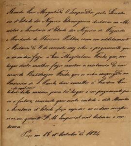 Minuta de aviso emitido pela Secretaria de Estado dos Negócios Estrangeiros para o ministro e secretário de Estado dos Negócios da Fazenda com data de 15 de outubro de 1824, transmitindo declaração de D. Pedro I (1798-1834) em aditamento à portaria sobre o pagamento devido à Eva Magdalena Fuchs, cujo marido se achava empregado na província de São Paulo.