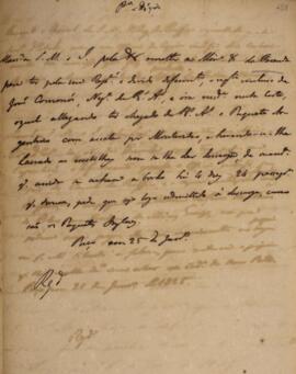 Minuta de aviso enviado pela Secretaria de Estado dos Negócios Estrangeiros para o ministro e secretário de Estado dos Negócios da Fazenda com data de 25 de janeiro de 1825, transmitindo ordem de D. Pedro I (1798-1834) para que decidisse sobre o pedido de um negociante de Buenos Aires residente no Rio de Janeiro para o desembarque de passageiros trazidos daquele local.