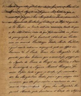 Minuta de aviso enviado pela Secretaria de Estado dos Negócios Estrangeiros para o ministro e secretário de Estado dos Negócios da Fazenda com data de 11 de outubro de 1824 comunicando determinação de D. Pedro I (1798-1834) sobre o requerimento de Wenzel Philipp Leopold (1784-1851), Barão de Mareschal, relativo ao pagamento devido à Eva Magdalena Fuchs, cujo marido se achava empregado na província de São Paulo.