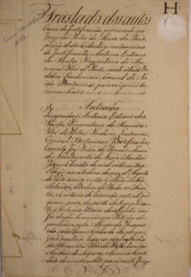 Processo de protesto original datado de 8 de agosto de 1812, do escrivão Manuel Pinto da Cunha, em favor de Antônio Esteves dos Santos, proprietário da sumaca Flor do Porto, apresada pelo navio inglês Amélia no dia 9 de janeiro de 1812 e levada à Serra Leoa. É solicitada uma indenização ao governo britânico referente aos prejuízos oriundos da captura da embarcação