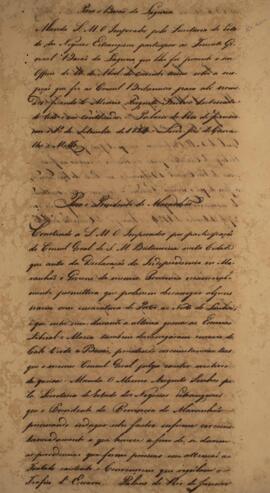 Despacho original de Luiz José de Carvalho e Mello (1764-1826), Visconde de Cachoeira, para Carlos Frederico Lecor, (1767 – 1836), Barão de Laguna, com data de 1 de setembro de 1824, sobre um ofício de 10 de abril acerca de uma comunicação realizada com o cônsul-geral da Inglaterra.