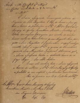 Cópia de nota diplomática enviada por Lourenço Westin (1787-1846) para João Severiano Maciel da C...