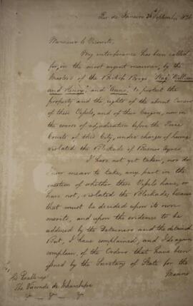 Nota diplomática original enviada para Henry Chamberlain (1796-1844) para Antônio Luiz Pereira da...