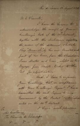 Nota diplomática original enviada por Henry Chamberlain (1796-1844) para Antônio Luiz Pereira da ...