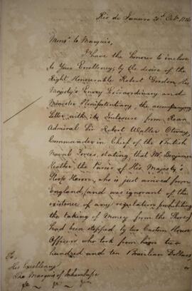 Nota diplomática original enviada por Henry Chamberlain (1796-1844) para Antônio Luiz Pereira da ...