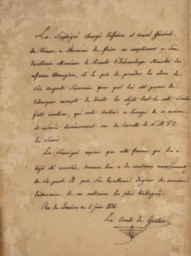 Nota diplomática original enviada por Jacques-Marie Aymard (s.d.-1837), Conde de Gestas, para Ant...