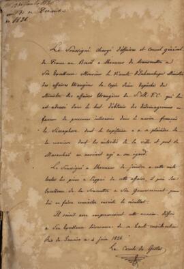 Nota diplomática original enviada por Jacques-Marie Aymard (s.d.-1837), Conde de Gestas, para Ant...