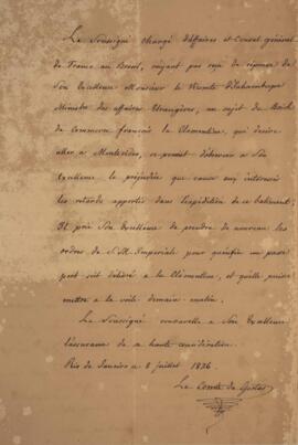 Nota diplomática original enviada por Jacques-Marie Aymard (s.d.-1837), Conde de Gestas, para Ant...