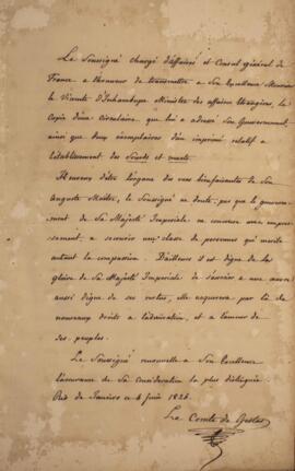 Nota diplomática original enviada por Jacques-Marie Aymard (s.d.-1837), Conde de Gestas, para Ant...