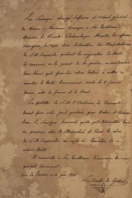 Nota diplomática original enviada por Jacques-Marie Aymard (s.d.-1837), Conde de Gestas, para Ant...