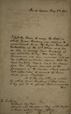 Nota diplomática original, datada do dia 3 de maio de 1821, de John James Appleton, acusando o re...