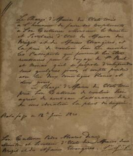 Nota diplomática original, datada do dia 12 de junho de 1821, cujo autor desconhecido solicita a ...