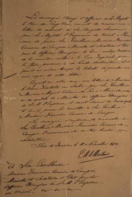 Nota diplomática original, datada de 11 de novembro de 1830, enviada por E. M. A. Martini, encarr...