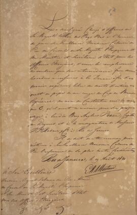 Nota diplomática original, datada de 29 de agosto de 1830, enviada por E. M. A. Martini, encarreg...