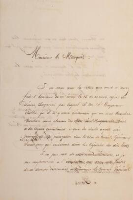 Ofício original, datado de 24 de outubro de 1829, enviado por João Pedro Adolfo Balguerie, vice-cônsul do Brasil em Bordeaux, para Antônio Teles da Silva Caminha e Meneses (1790-1875), Marquês de Resende. Balguerie informa o recebimento da carta escrita pelo marquês no dia 15 de outubro, com cópia do decreto imperial que estabelecia que deveria haver apenas um consulado brasileiro em cada Estado onde o Império do Brasil possuísse agentes consulares, e que os únicos que utilizavam o título de cônsules-gerais eram os que residiam nas capitais nacionais