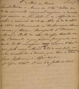 Minuta de aviso dirigido ao ministro da fazenda, com data de 4 de julho de 1826, versando sobre a...