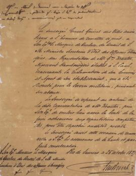 Ofício original, datado de 25 de outubro de 1827, enviado por Jean Herman Chrétien Ten Brink, côn...