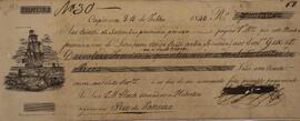 Recibo original com data de 24 de julho de 1840, contendo um cheque de pagamento marcado para 30 de setembro no valor de sete contos de réis a Flach, morador da Confederação Helvética.