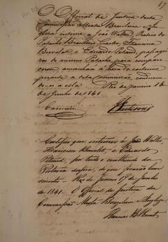 Relatório original com data de 16 de junho de 1841, intimando João Walter, piloto do patacho Castro, e Eduardo Petaud para comparecerem à Comissão Mista Brasil-Grã-Bretanha para prestar depoimento. Contém anexos.