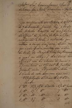 Relatório original com data de 12 de junho de 1841, escrito por José Agostinho Barboza e expedido para os comissários juízes da Comissão Mista Brasil-Grã-Bretanha, descrevendo uma visita ao patacho Castro.