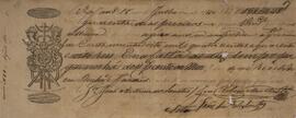 Recibo original com data de 18 de julho de 1840, contendo cheque de pagamento marcado para quarenta dias depois da data de produção no valor de cento e noventa e oito mil, quatrocentos e quarenta e oito réis a João Antônio dos Santos, José Ribeiro Monteiro e José Antonio dos Santos.