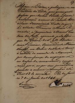 Relatório original com data de 7 de junho de 1841, contendo a ordem de publicação em editais e em periódicos para reclamações de indenizações da carga do patacho Castro.