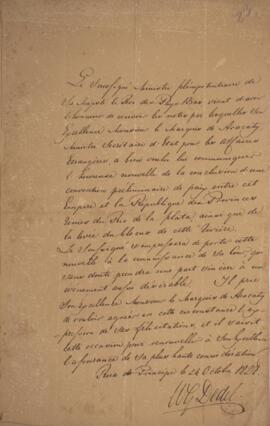 Nota diplomática original, datada de 24 de outubro de 1828, enviada por W. G. Dedel, encarregado ...