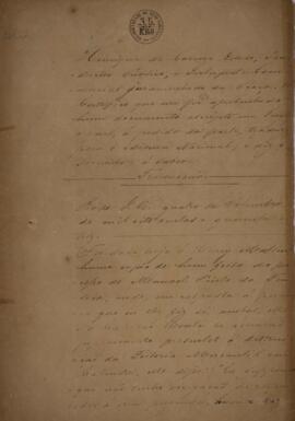 Certificado original redigido por Henrique do Carmo Edolo (1791-1861), tradutor público e intérprete comercial juramentado, atestando a veracidade de um documento em inglês traduzido para o idioma nacional, que trata sobre questões envolvendo a Feitoria Mercantil em Cabinda no processo de Manoel Pinto da Fonseca.
